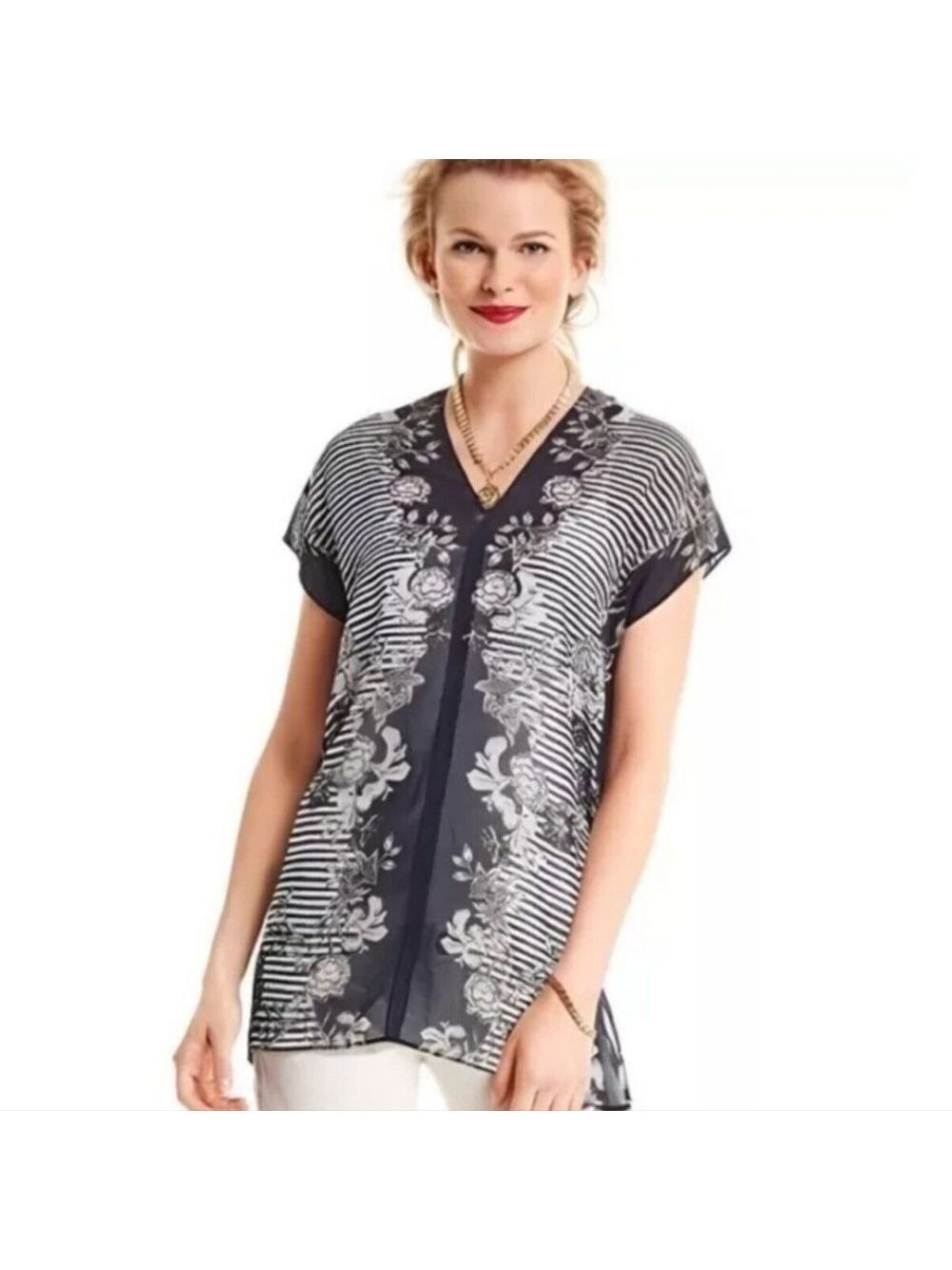 Cabi 5024 floral navy blouse sheer yacht top